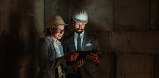 Dwie osoby w kaskach ochronnych przeglądają tablet we wnętrzu budynku.
