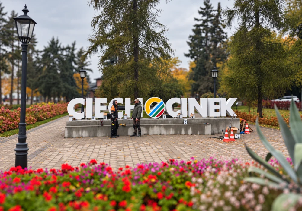 Monterzy przy przestrzennym napisie CIECHOCINEK na Skwerze Excentryków