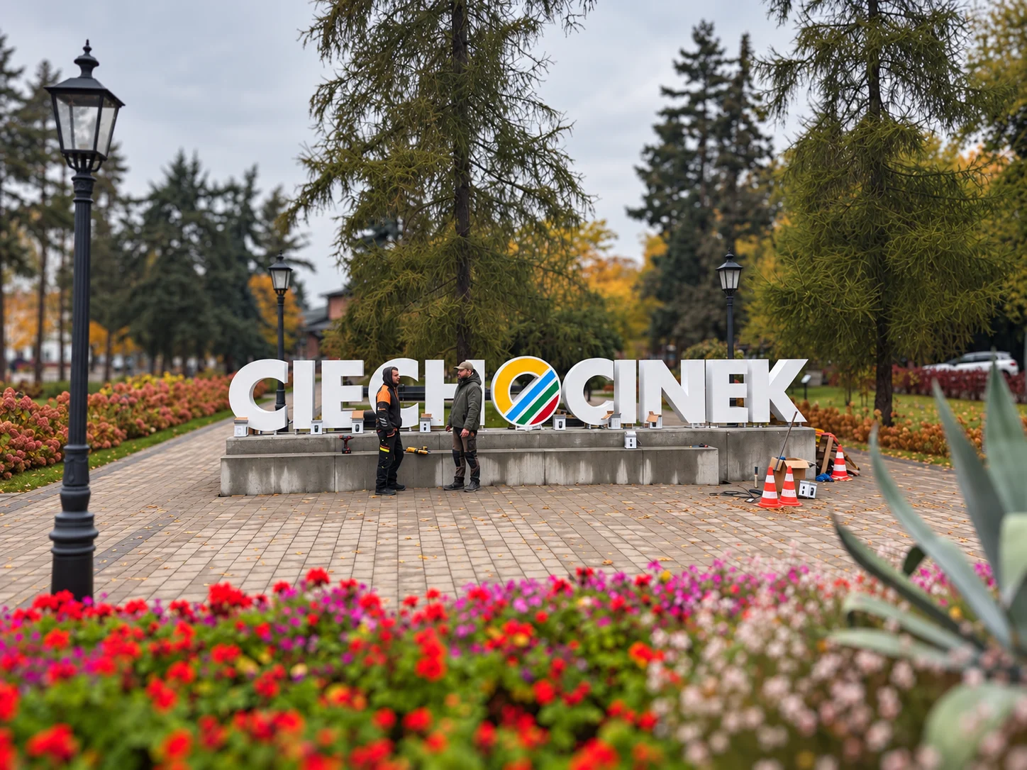 Monterzy przy przestrzennym napisie CIECHOCINEK na Skwerze Excentryków